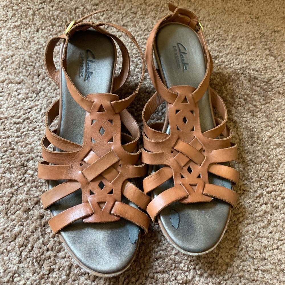 Clarks leather wedge sandal with braid detailing